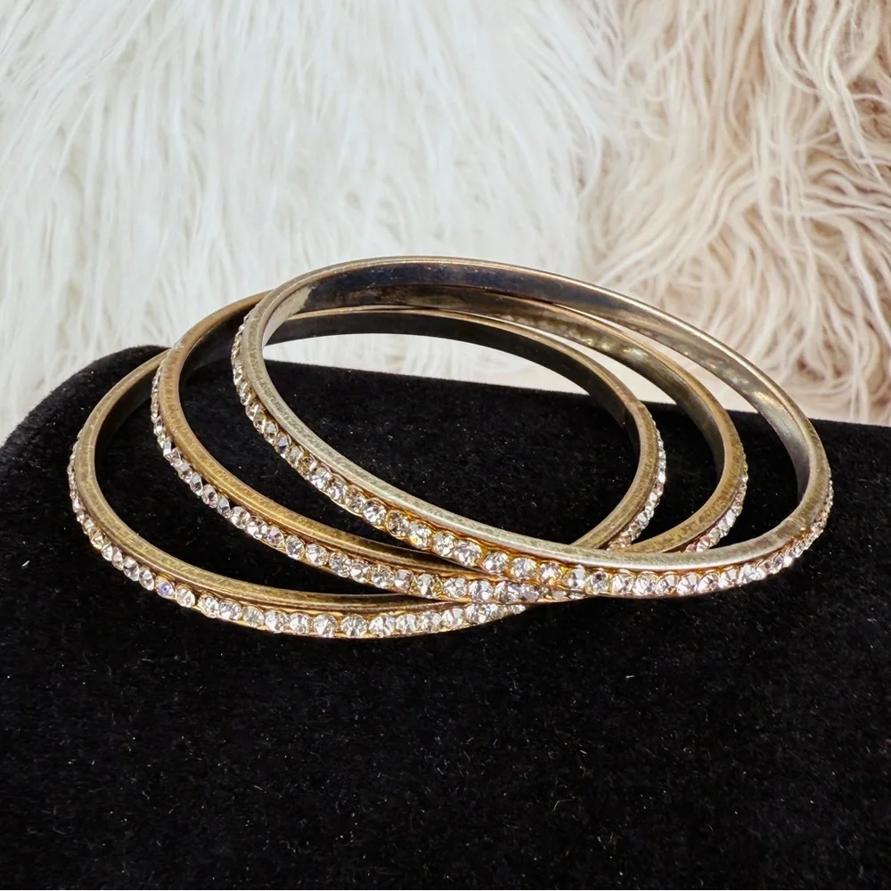 Vintage 3 Aged Silvertone Crystal Bangle Bracelet Set